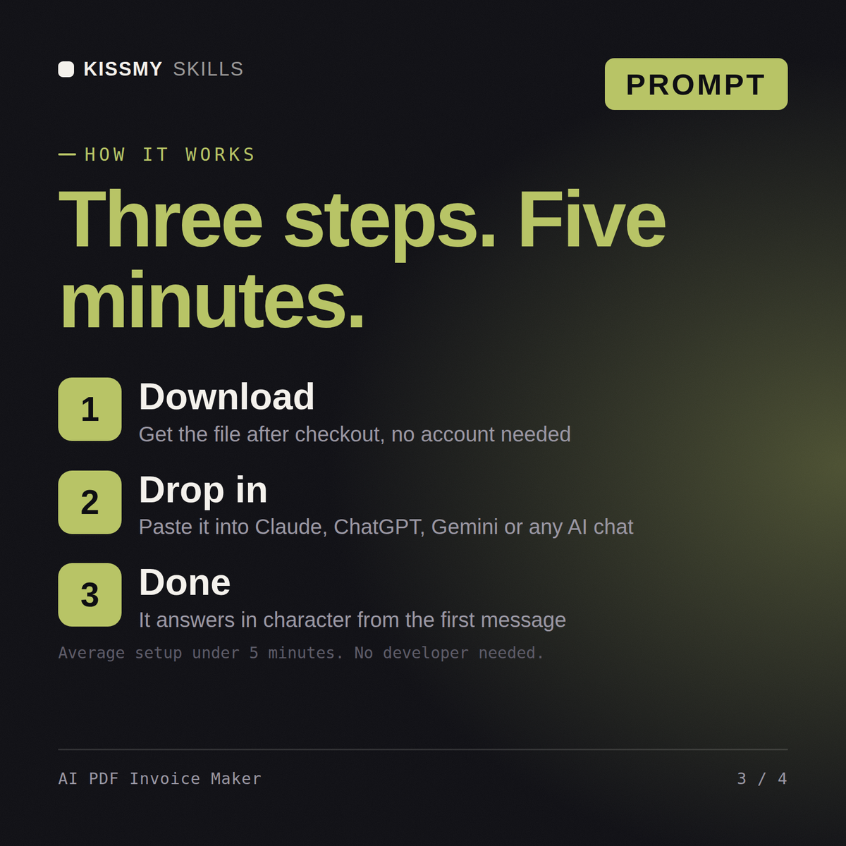How the AI PDF Invoice Maker AI prompt works in three steps: download, drop it into your AI chat, done