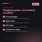 What's inside the AI Personal Shopper AI skill: Fit and budget, Style match, Gift mode, Comparison table