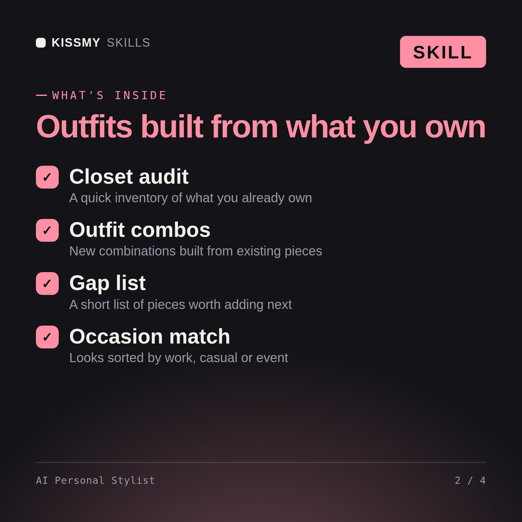 What's inside the AI Personal Stylist AI skill: Closet audit, Outfit combos, Gap list, Occasion match