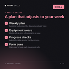 What's inside the AI Personal Trainer AI skill: Weekly plan, Equipment aware, Progress checks, Form cues