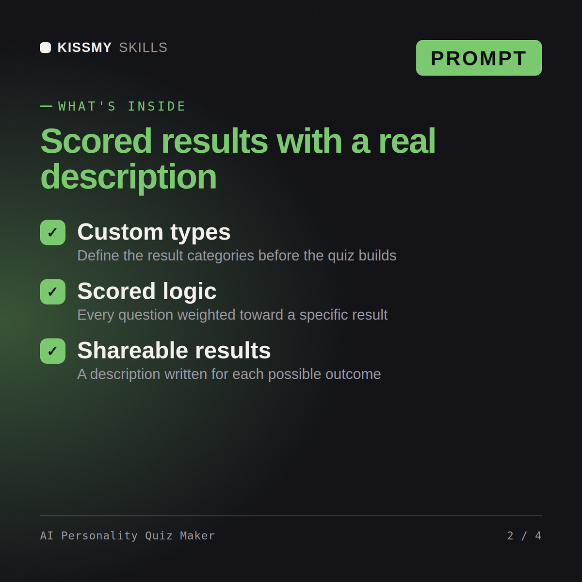 What's inside the AI Personality Quiz Maker AI prompt: Custom types, Scored logic, Shareable results
