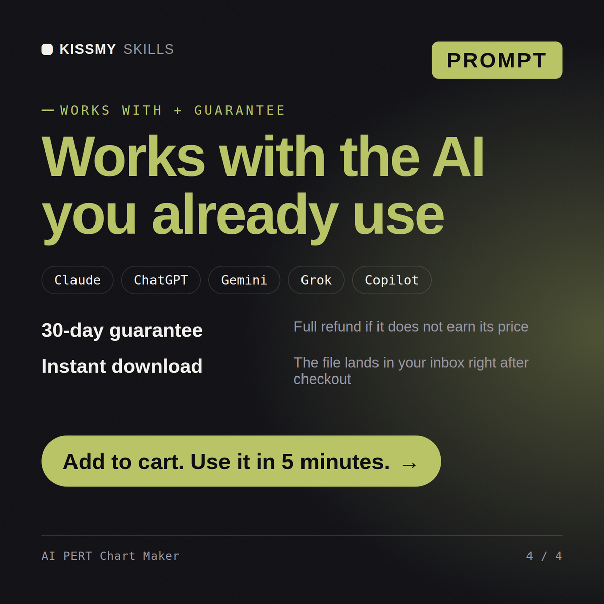 The AI PERT Chart Maker AI prompt works with Claude, ChatGPT, Gemini and any AI chat, 30-day money-back guarantee
