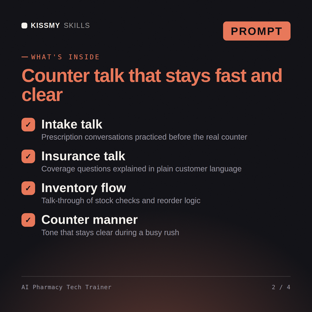What's inside the AI Pharmacy Tech Trainer AI prompt: Intake talk, Insurance talk, Inventory flow, Counter manner