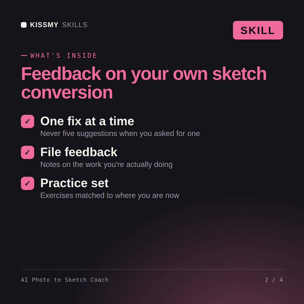 What's inside the AI Photo to Sketch Coach AI skill: One fix at a time, File feedback, Practice set
