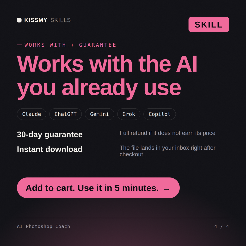 The AI Photoshop Coach AI skill works with Claude, ChatGPT, Gemini and any AI chat, 30-day money-back guarantee