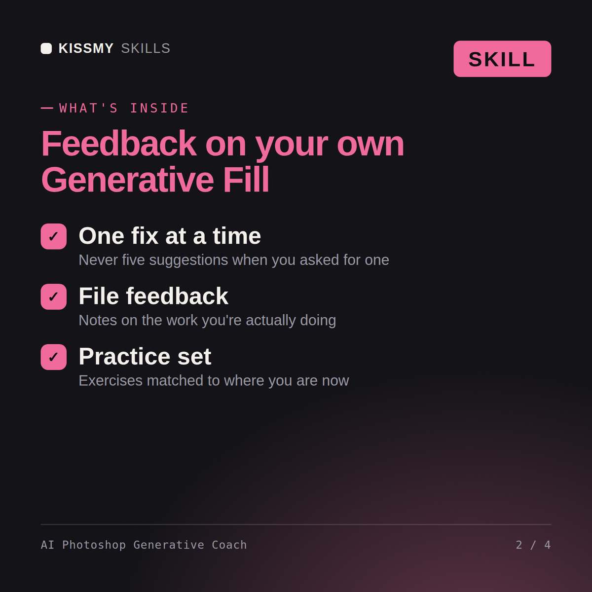 What's inside the AI Photoshop Generative Coach AI skill: One fix at a time, File feedback, Practice set