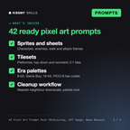 What's inside the AI Pixel Art Prompt Pack (Midjourney, GPT Image, Nano Banana): Sprites and sheets, Tilesets, Era palettes, Cleanup workflow
