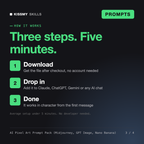 How the AI Pixel Art Prompt Pack (Midjourney, GPT Image, Nano Banana) works in three steps: download, drop it into your AI chat, done