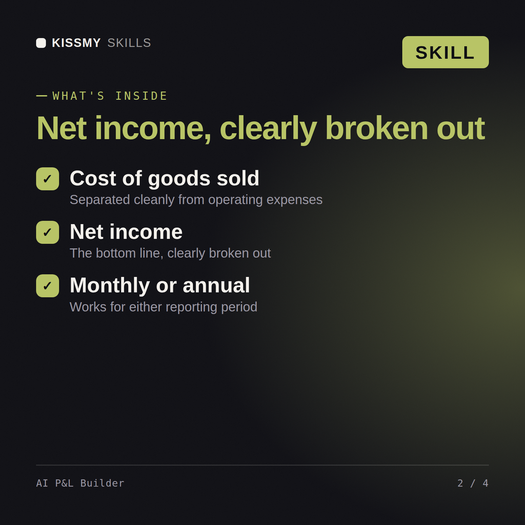 What's inside the AI P&L Builder AI skill: Cost of goods sold, Net income, Monthly or annual