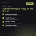 What's inside the Podcast Name Generator AI prompt: Structured output, Fast first draft, Editable format, Consistent quality