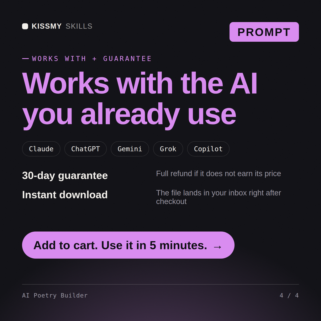 The AI Poetry Builder AI prompt works with Claude, ChatGPT, Gemini and any AI chat, 30-day money-back guarantee