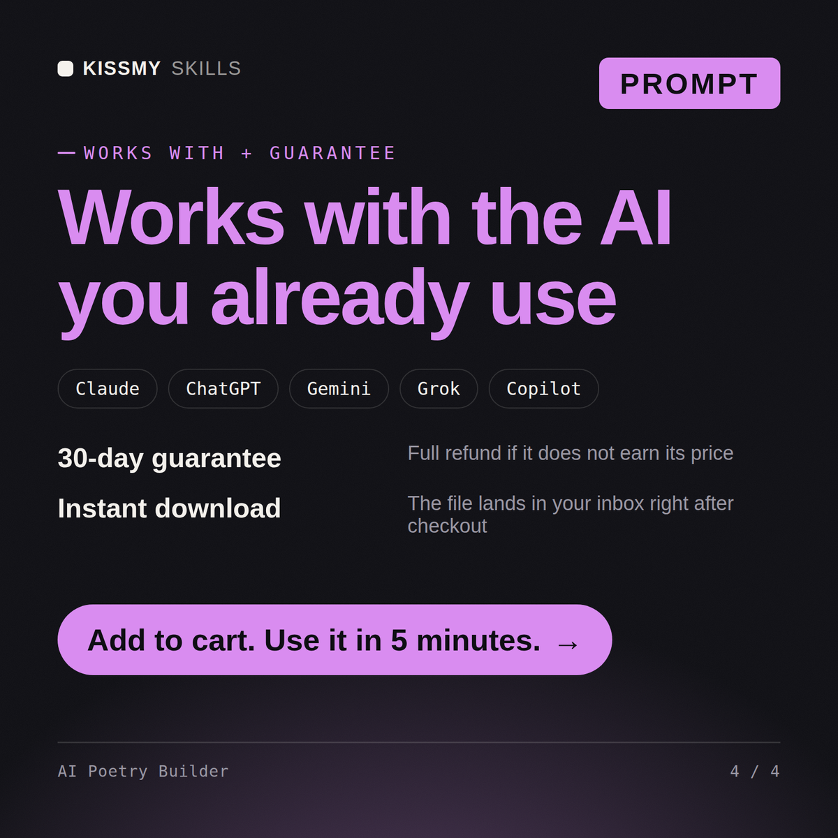 The AI Poetry Builder AI prompt works with Claude, ChatGPT, Gemini and any AI chat, 30-day money-back guarantee