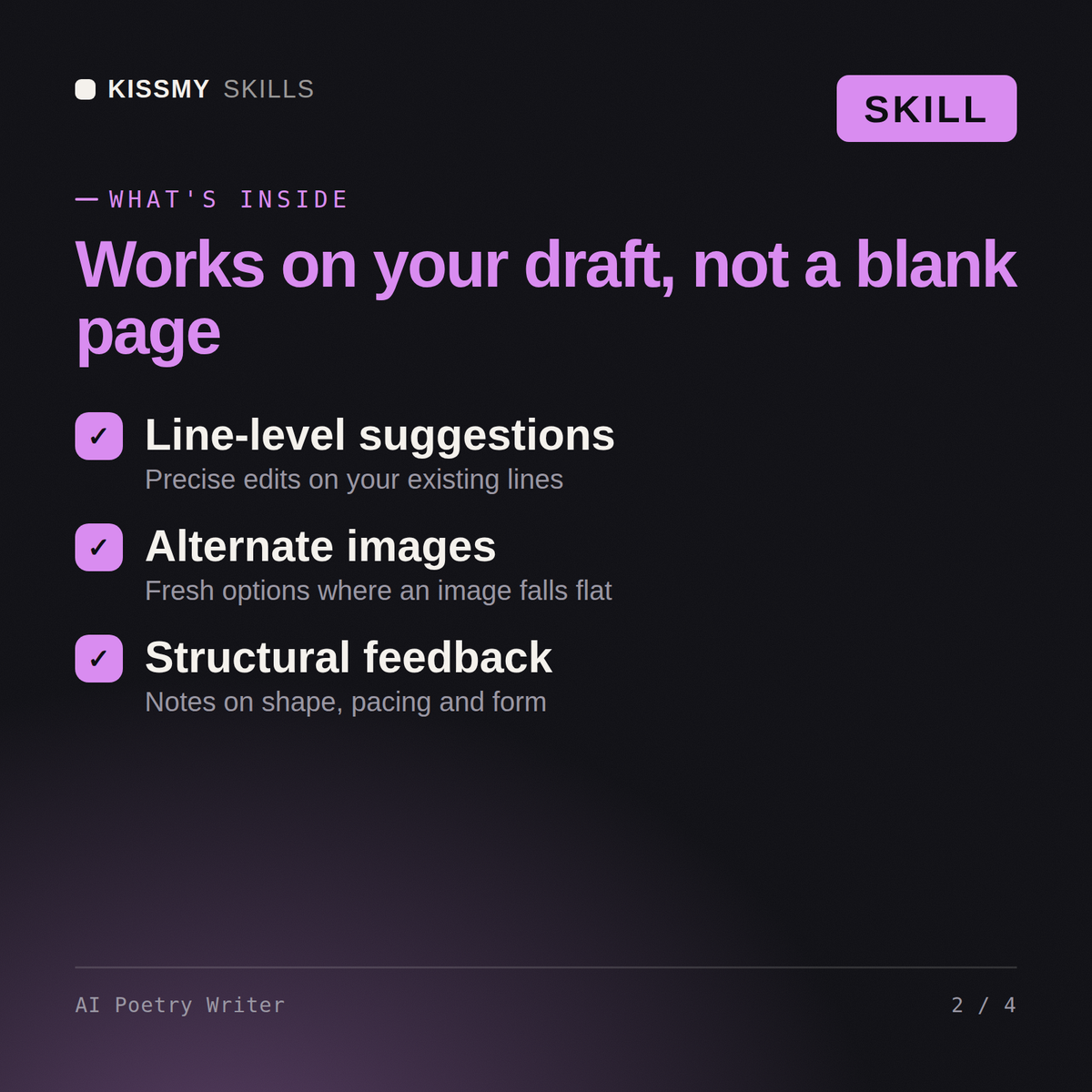 What's inside the AI Poetry Writer AI skill: Line-level suggestions, Alternate images, Structural feedback