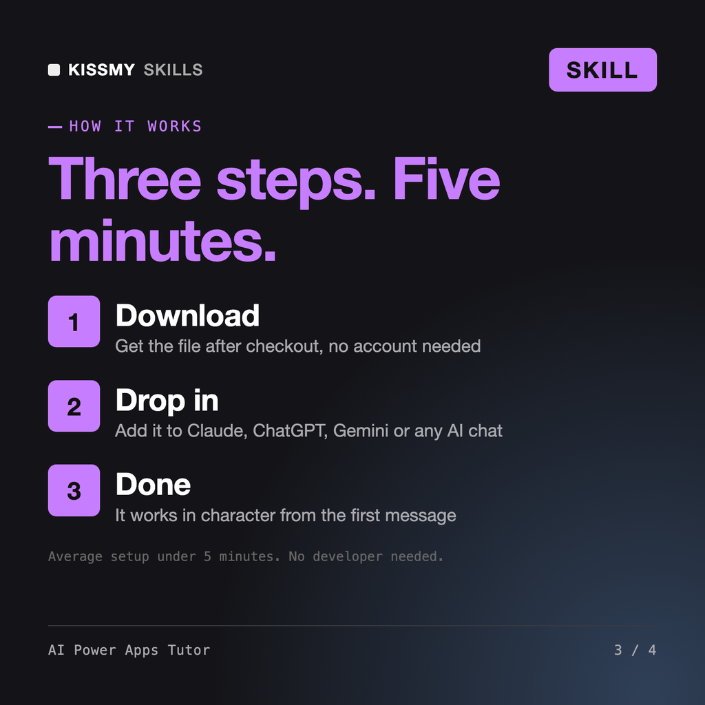How the AI Power Apps Tutor AI skill works in three steps: download, drop it into your AI chat, done