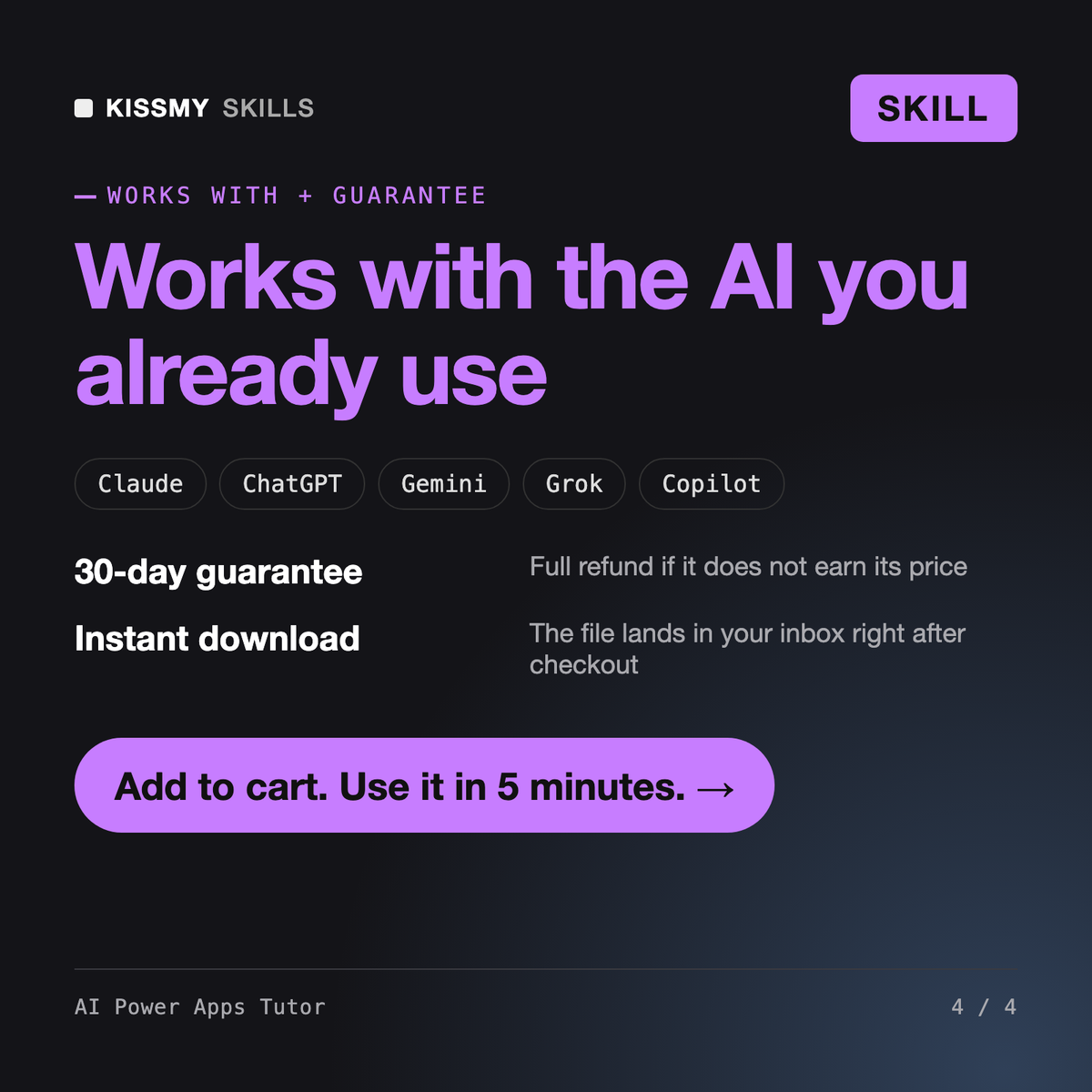 The AI Power Apps Tutor AI skill works with Claude, ChatGPT, Gemini and any AI chat, 30-day money-back guarantee