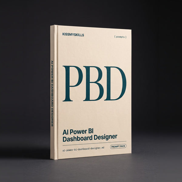 Power BI Dashboard Designer prompts for Claude by KissMySkills, warm oat laid paper cover with the monogram PBD
