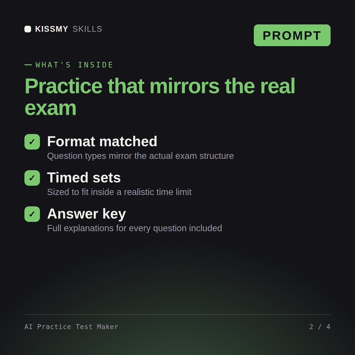 What's inside the AI Practice Test Maker AI prompt: Format matched, Timed sets, Answer key