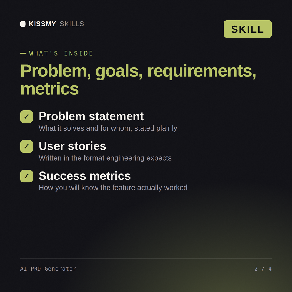 What's inside the AI PRD Generator AI skill: Problem statement, User stories, Success metrics