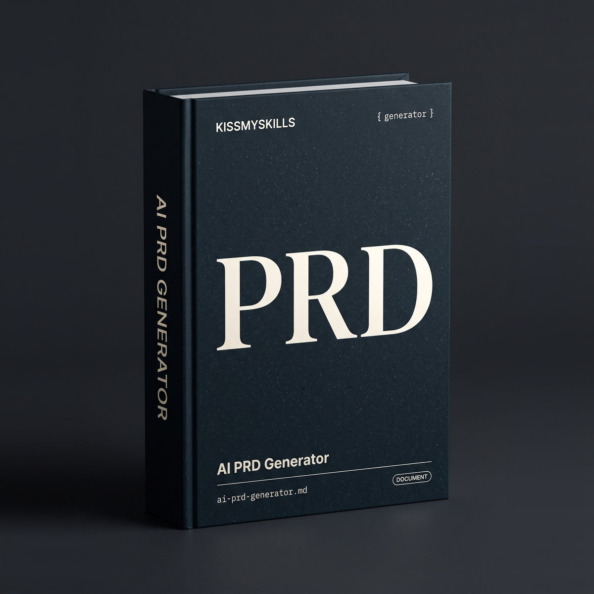 PRD Generator Claude skill by KissMySkills, near-black prussian petrol blue stone cover with the monogram PRD