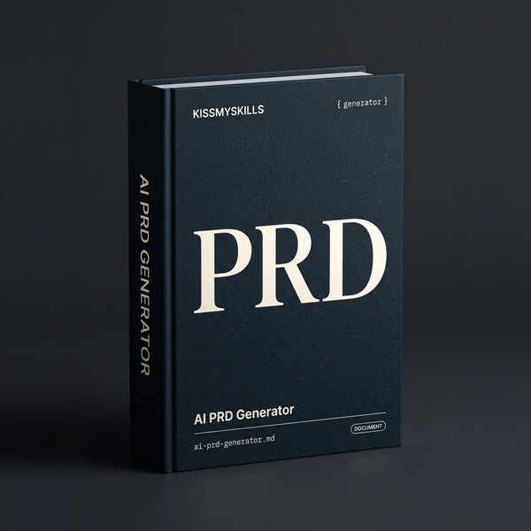 PRD Generator Claude skill by KissMySkills, near-black prussian petrol blue stone cover with the monogram PRD