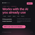 The AI Premiere Pro Coach AI skill works with Claude, ChatGPT, Gemini and any AI chat, 30-day money-back guarantee