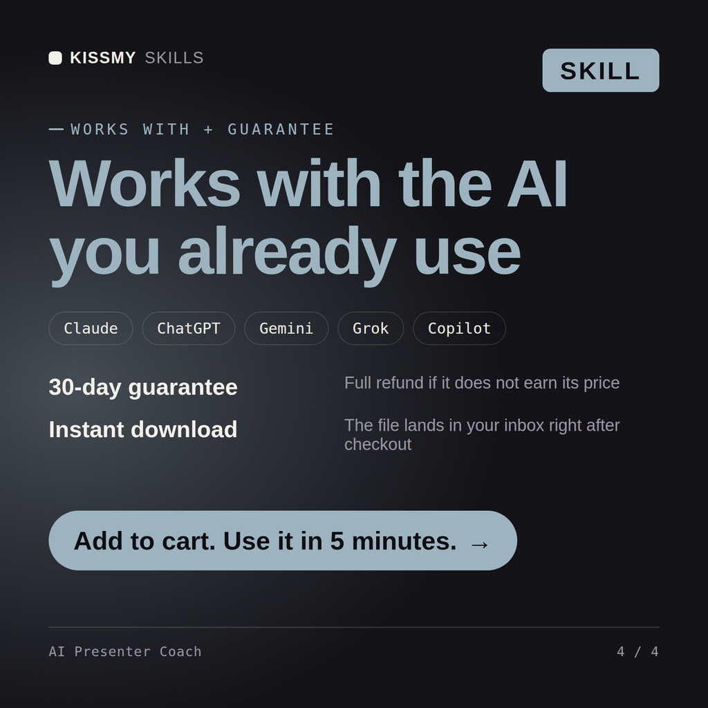 The AI Presenter Coach AI skill works with Claude, ChatGPT, Gemini and any AI chat, 30-day money-back guarantee