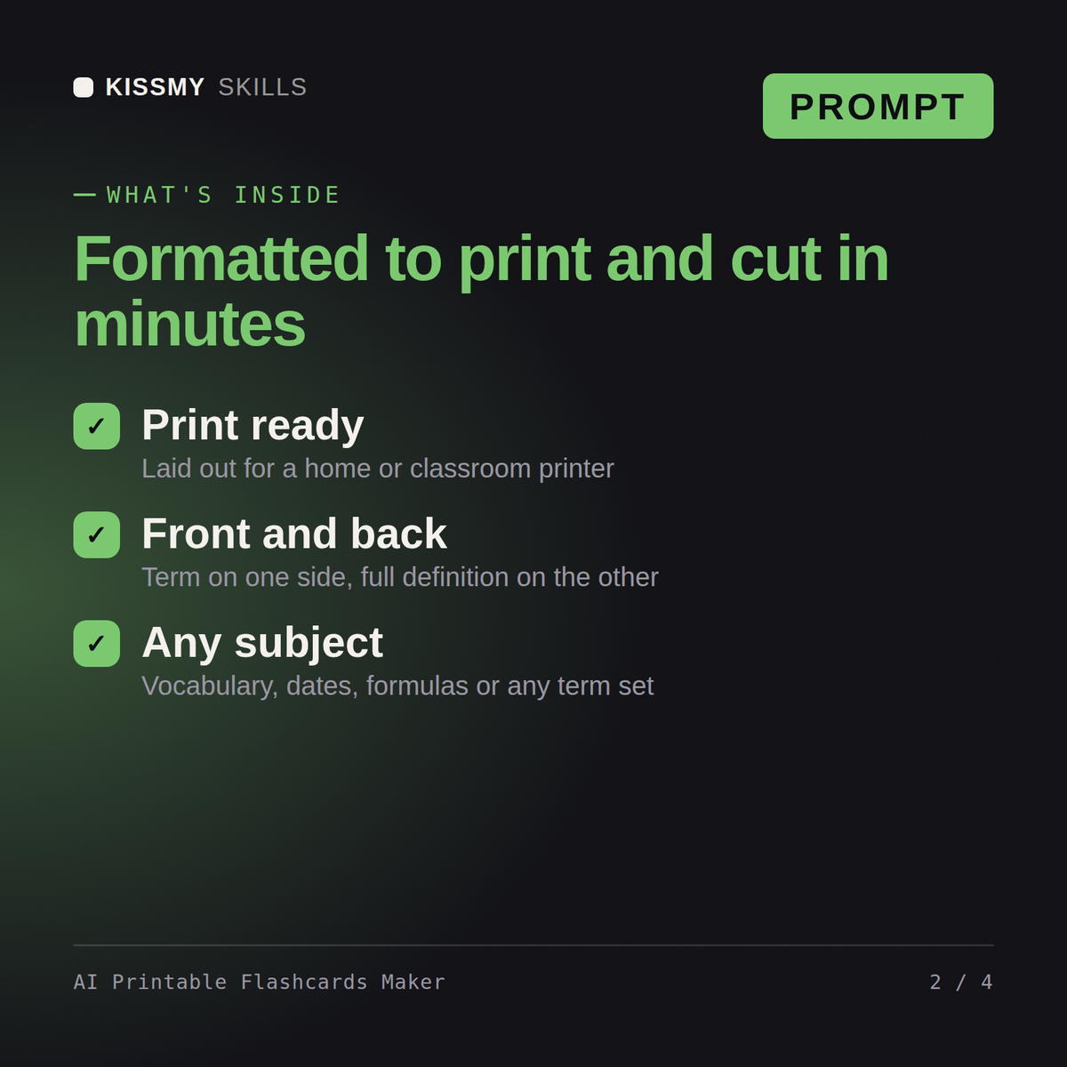 What's inside the AI Printable Flashcards Maker AI prompt: Print ready, Front and back, Any subject
