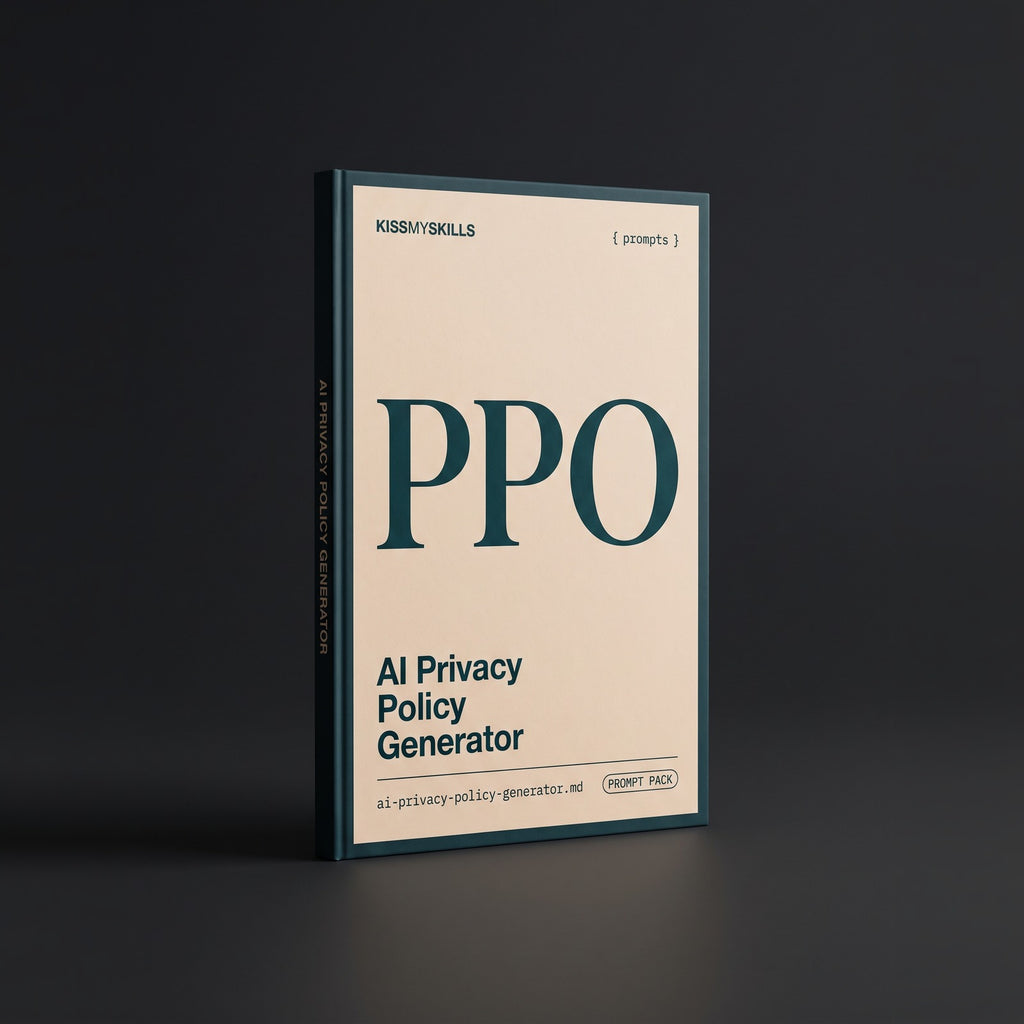 Privacy Policy Generator prompts for Claude by KissMySkills, pale warm sand cotton-rag paper cover with the monogram PPO