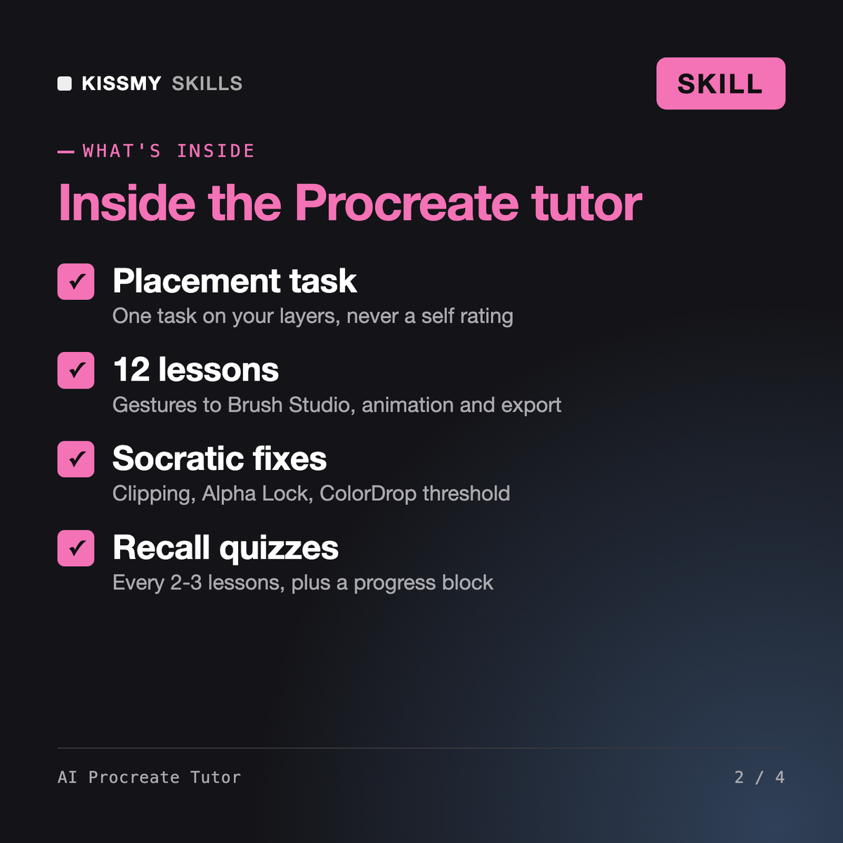 What's inside the AI Procreate Tutor AI skill: Placement task, 12 lessons, Socratic fixes, Recall quizzes