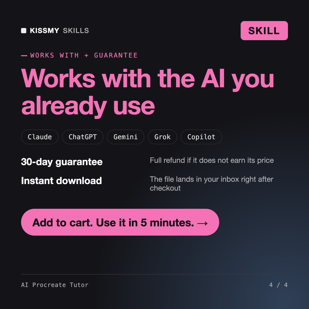 The AI Procreate Tutor AI skill works with Claude, ChatGPT, Gemini and any AI chat, 30-day money-back guarantee