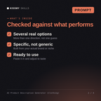 What's inside the AI Product Description Generator (Clothing) AI prompt: Several real options, Specific, not generic, Ready to use