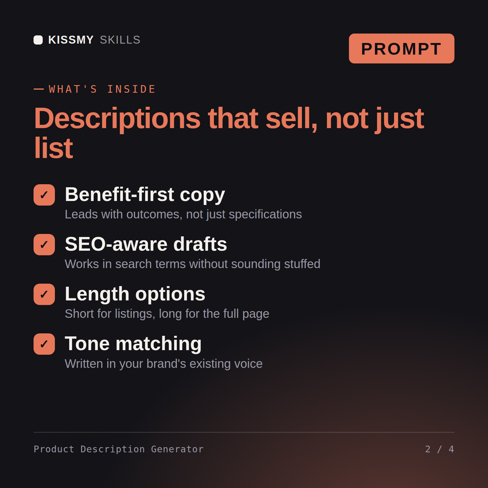 What's inside the Product Description Generator AI prompt: Benefit-first copy, SEO-aware drafts, Length options, Tone matching