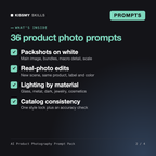 What's inside the AI Product Photography Prompt Pack: Packshots on white, Real-photo edits, Lighting by material, Catalog consistency