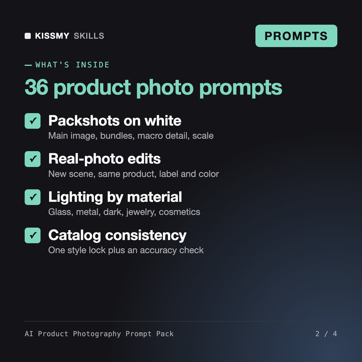 What's inside the AI Product Photography Prompt Pack: Packshots on white, Real-photo edits, Lighting by material, Catalog consistency