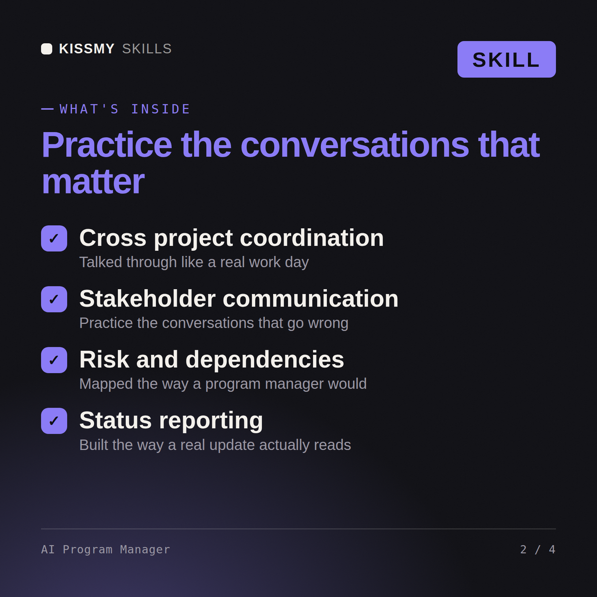 What's inside the AI Program Manager AI skill: Cross project coordination, Stakeholder communication, Risk and dependencies, Status reporting