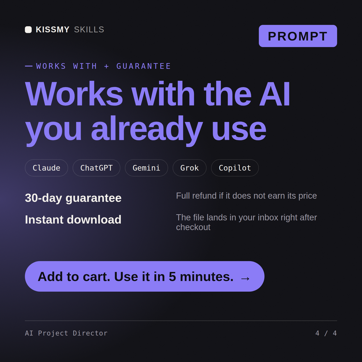 The AI Project Director AI prompt works with Claude, ChatGPT, Gemini and any AI chat, 30-day money-back guarantee