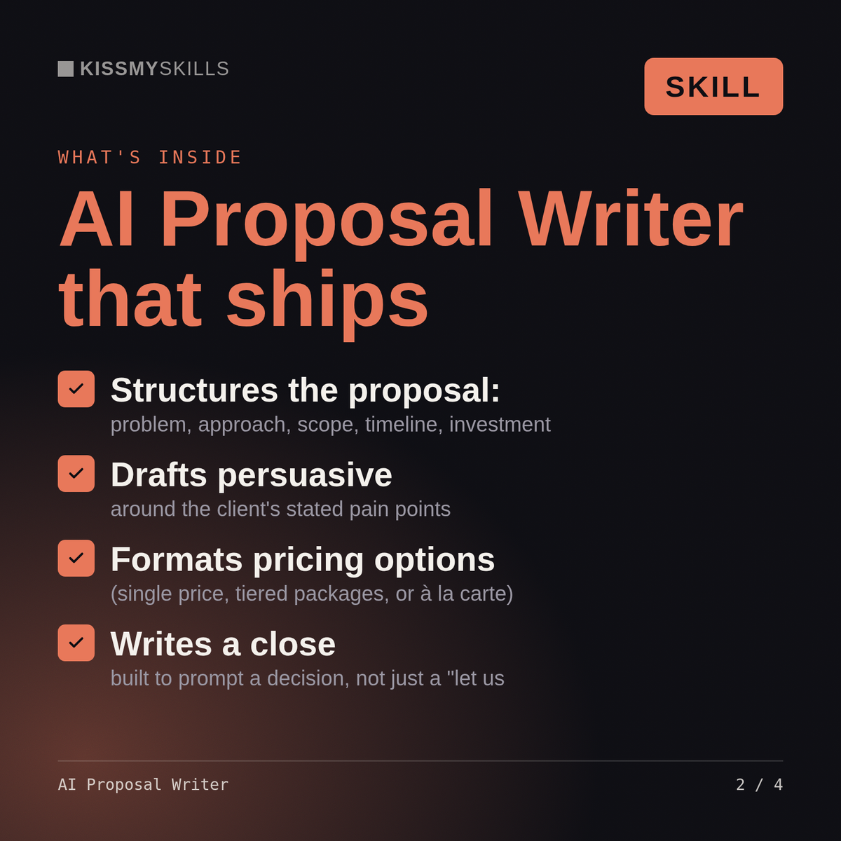 What's inside the AI Proposal Writer skill: Structures the proposal:, Drafts persuasive, Formats pricing options, Writes a close
