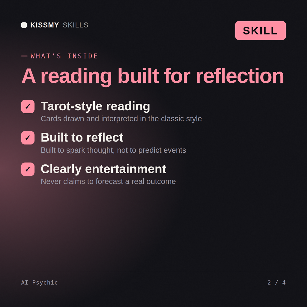 What's inside the AI Psychic AI skill: Tarot-style reading, Built to reflect, Clearly entertainment
