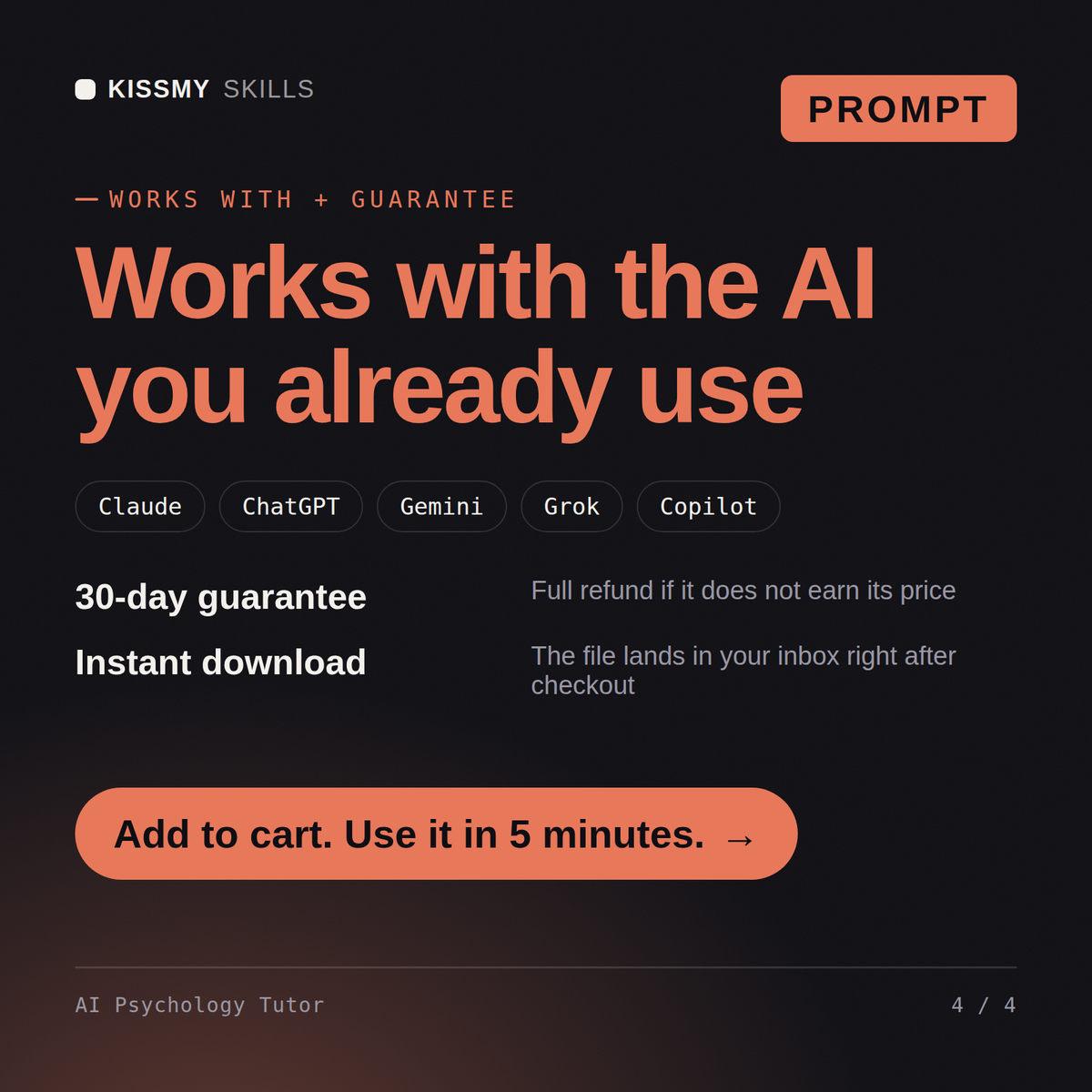 The AI Psychology Tutor AI prompt works with Claude, ChatGPT, Gemini and any AI chat, 30-day money-back guarantee