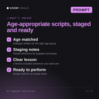 What's inside the AI Puppeteer Show Writer AI prompt: Age matched, Staging notes, Clear lesson, Ready to perform