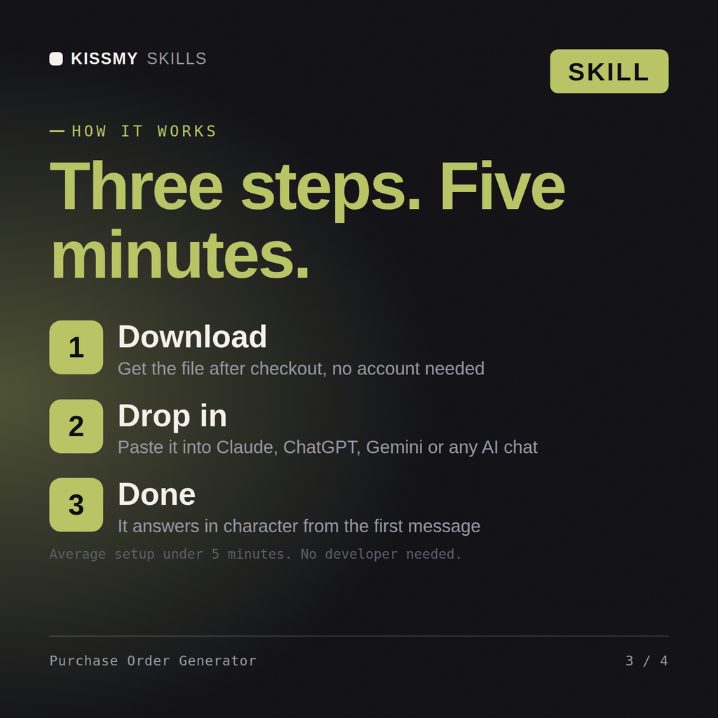 How the Purchase Order Generator AI skill works in three steps: download, drop it into your AI chat, done