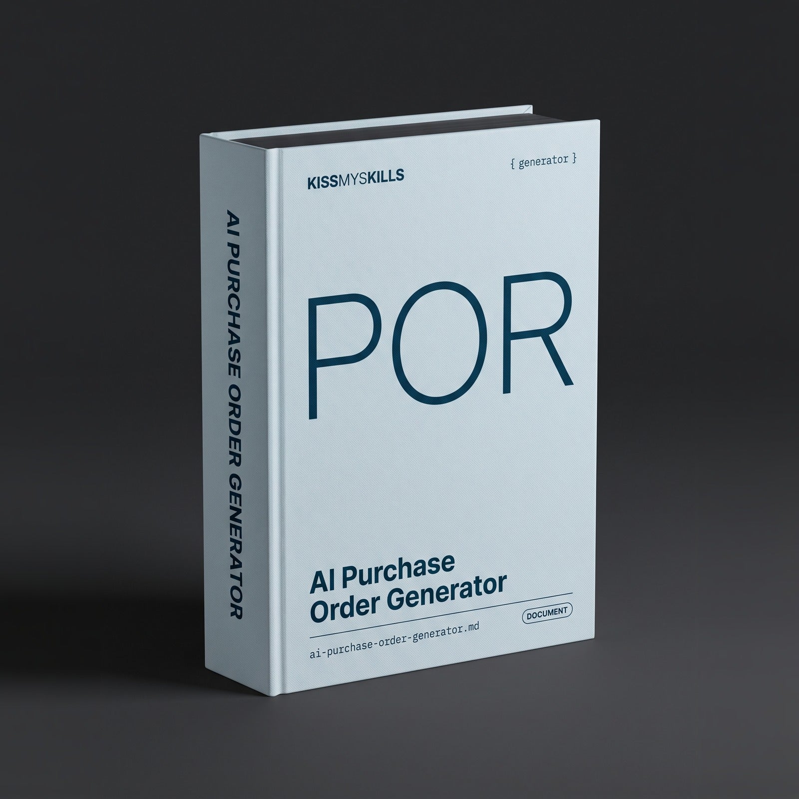 Purchase Order Generator Claude skill by KissMySkills, pale mist blue bookcloth cover with the monogram POR