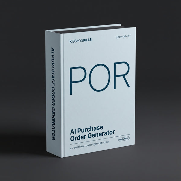 Purchase Order Generator Claude skill by KissMySkills, pale mist blue bookcloth cover with the monogram POR