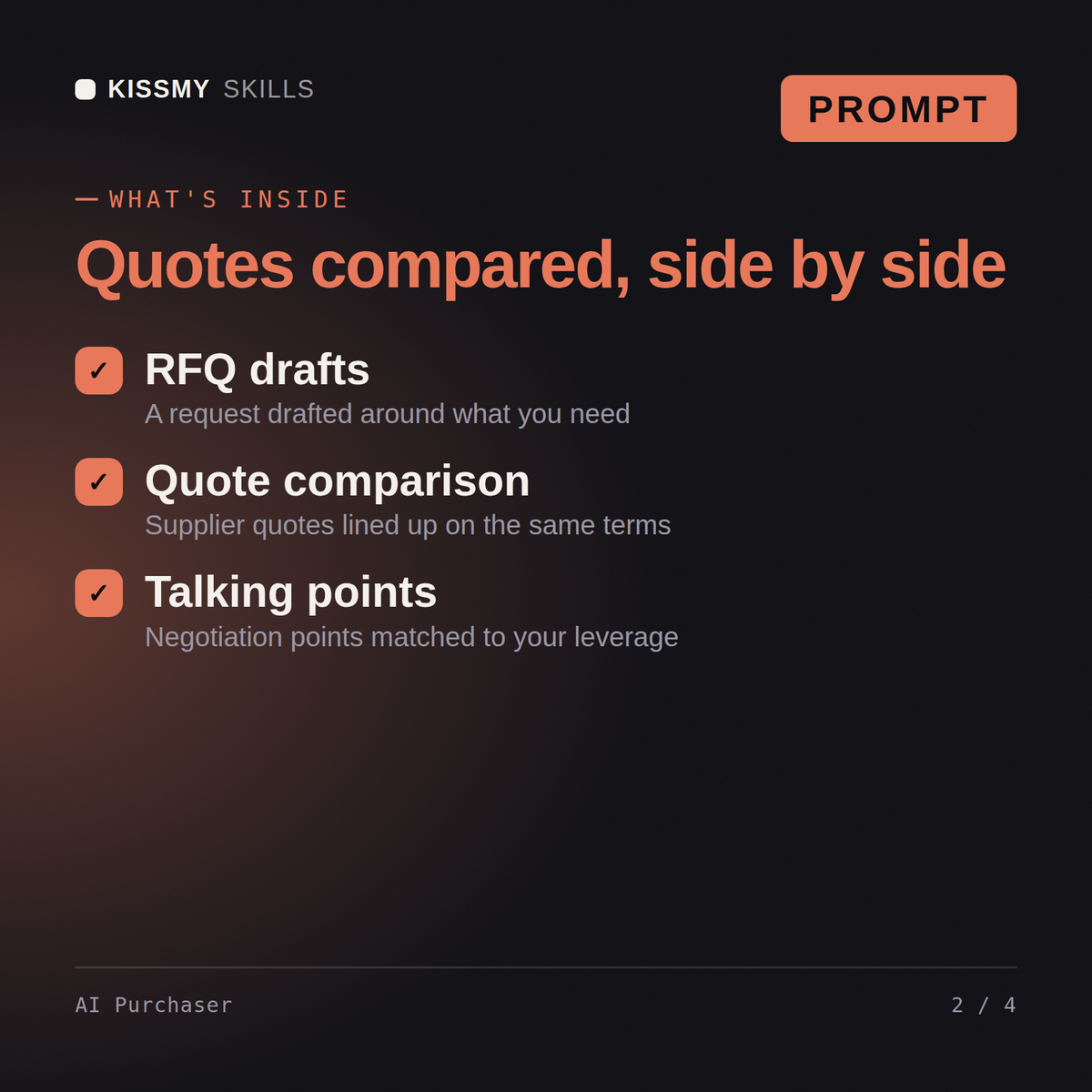 What's inside the AI Purchaser AI prompt: RFQ drafts, Quote comparison, Talking points