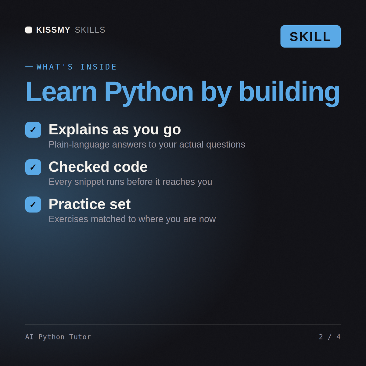 What's inside the AI Python Tutor AI skill: Explains as you go, Checked code, Practice set