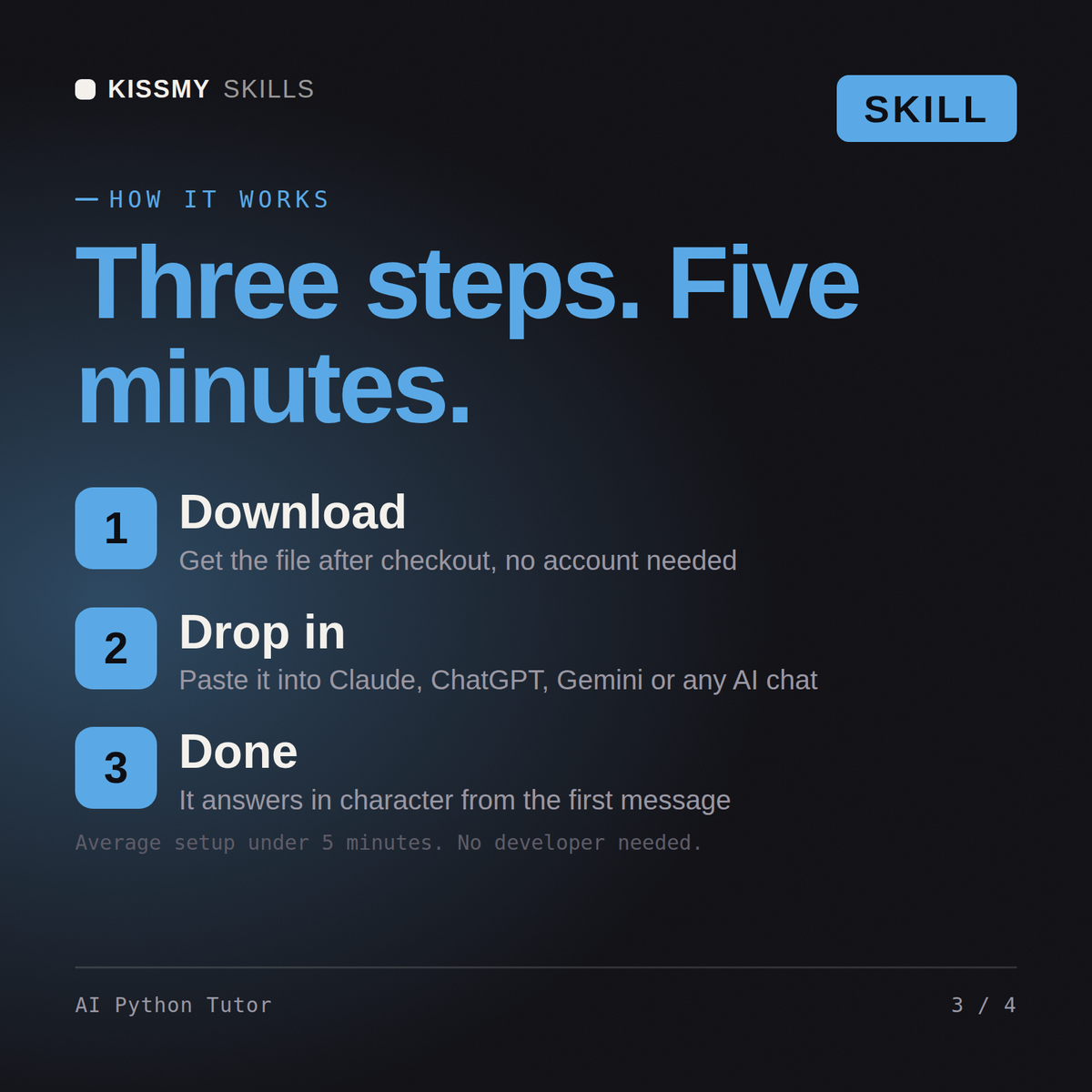How the AI Python Tutor AI skill works in three steps: download, drop it into your AI chat, done