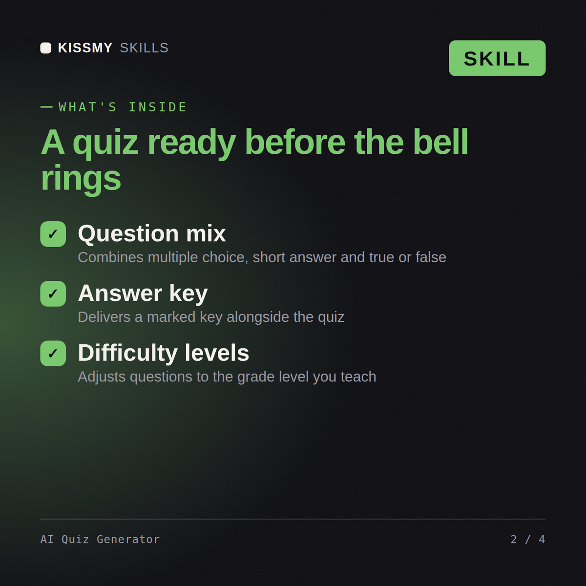 What's inside the AI Quiz Generator AI skill: Question mix, Answer key, Difficulty levels