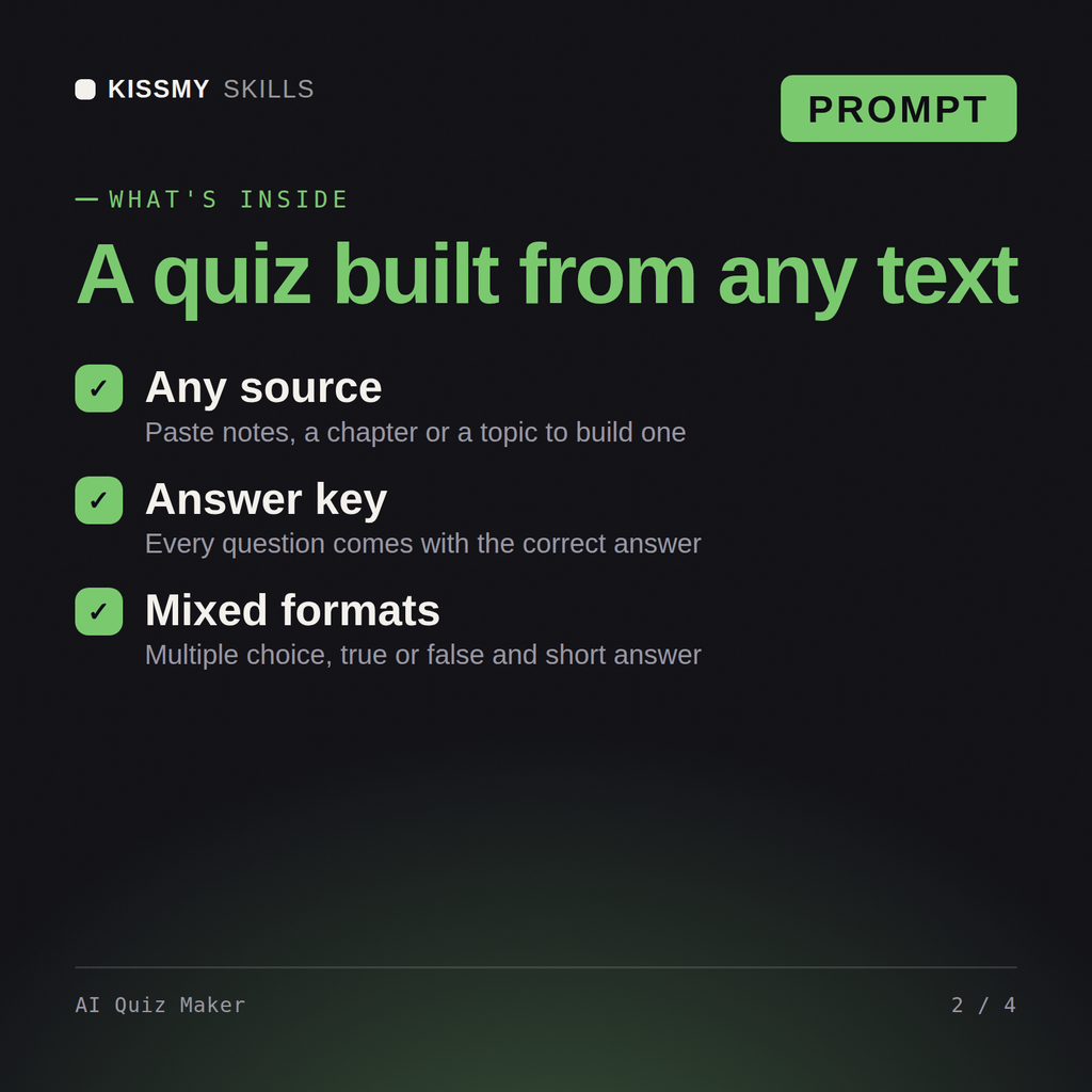 What's inside the AI Quiz Maker AI prompt: Any source, Answer key, Mixed formats