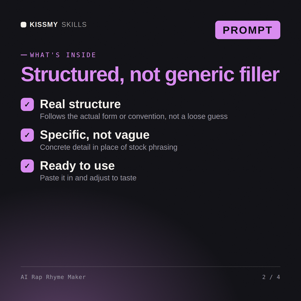 What's inside the AI Rap Rhyme Maker AI prompt: Real structure, Specific, not vague, Ready to use