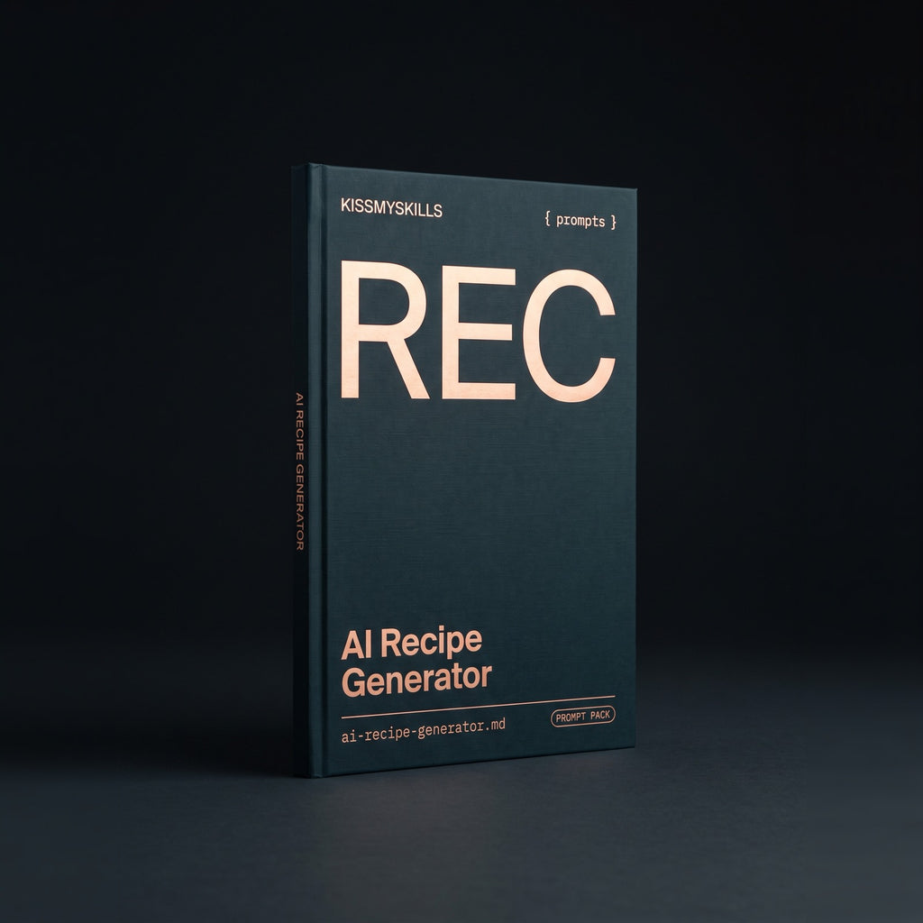 Recipe Generator prompts for Claude by KissMySkills, deep midnight-teal laid paper cover with the monogram REC